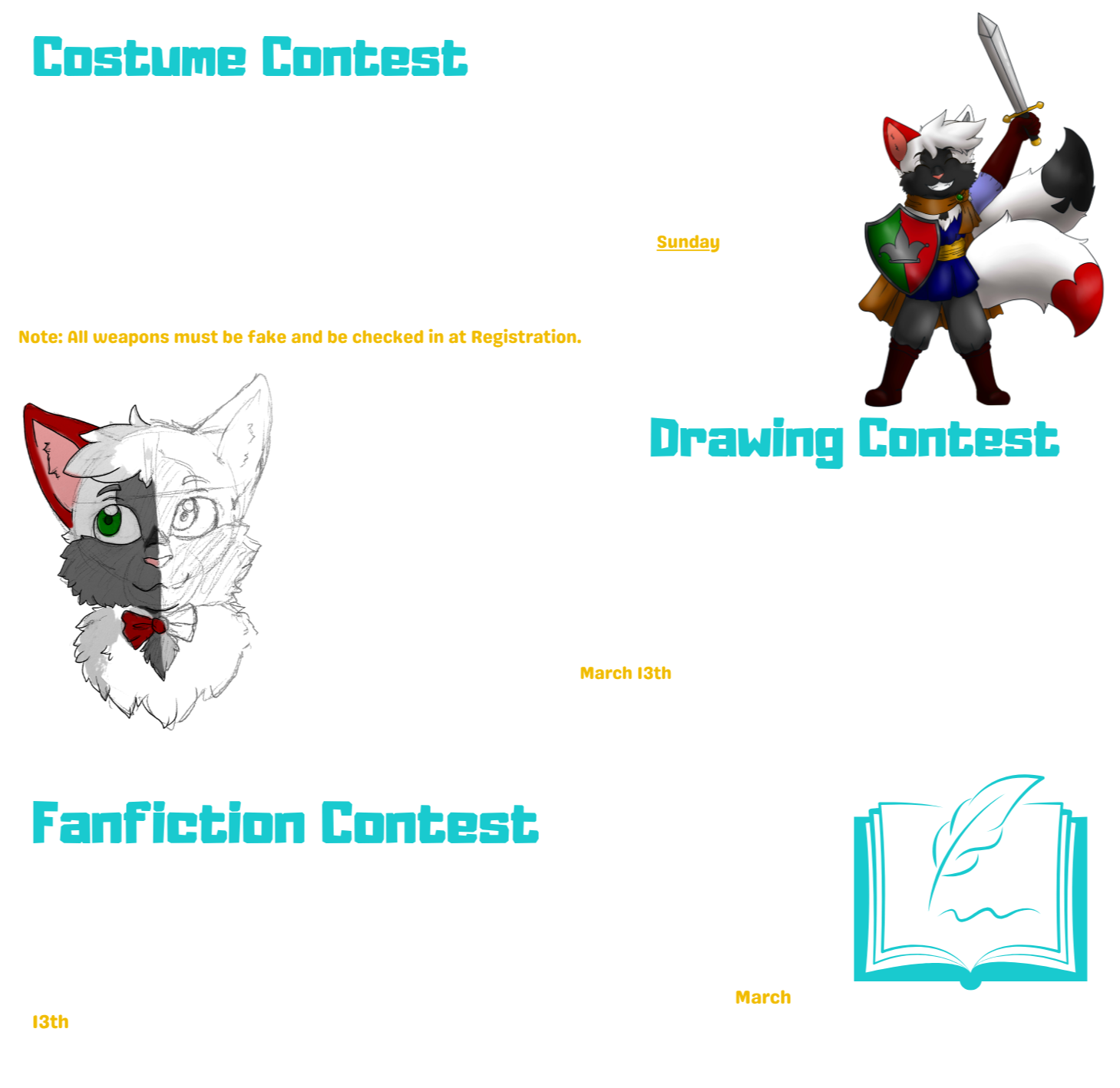 Costume Contest - drawing of Knight Joker | Drawing Contest - drawing of Joker head | Fanfiction Contest - outline of book with quill | Joker Mascot Contest .