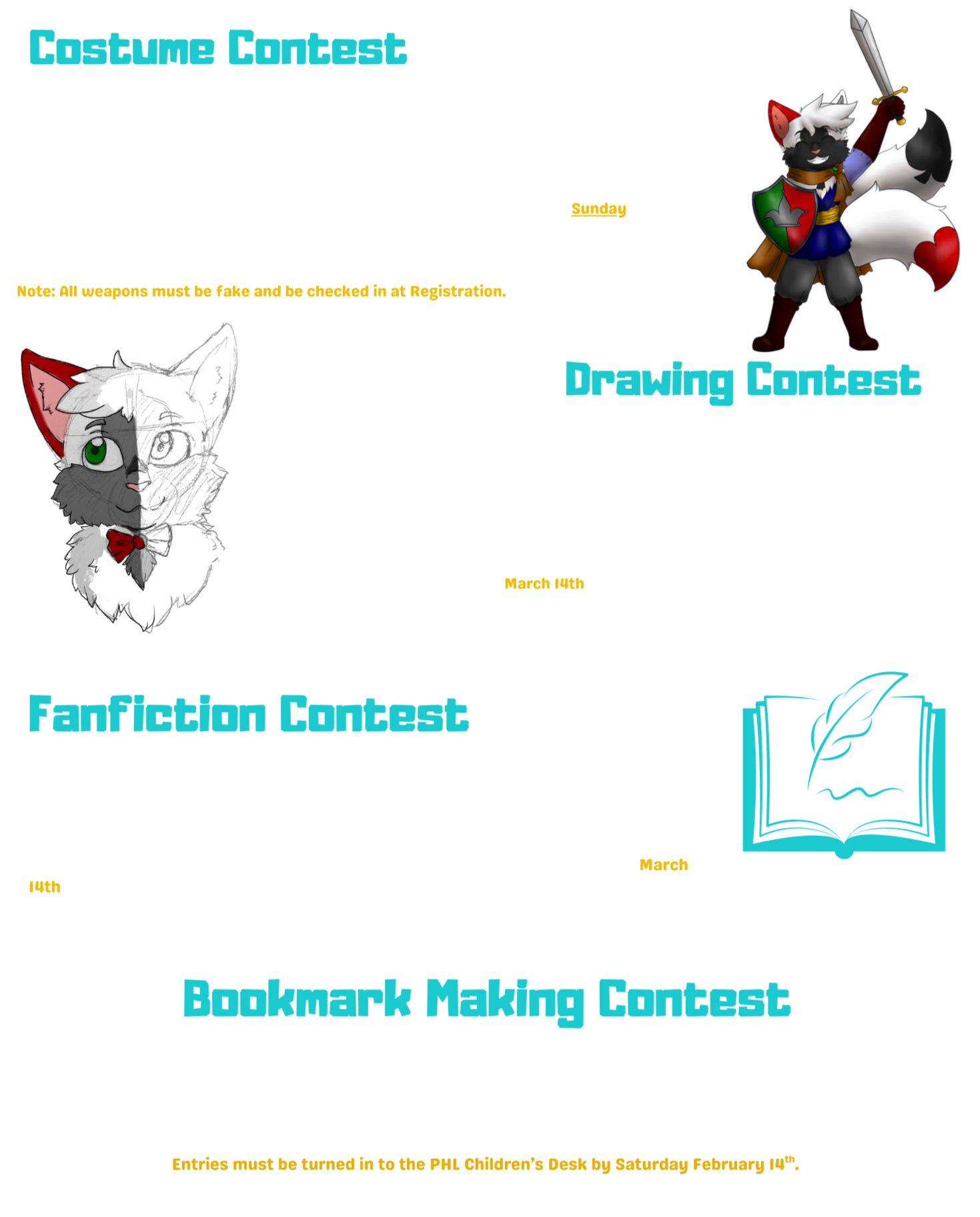 Costume Contest - drawing of Knight Joker | Drawing Contest - drawing of Joker head | Fanfiction Contest - outline of book with quill | Joker Mascot Contest .